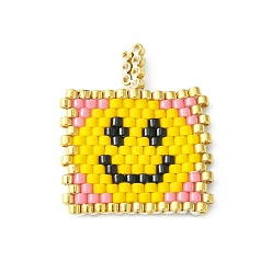 Pink Handmade MIYUKI Japanese Seed Loom Pattern Seed Beads, Rectangle with Smiling Face Pendants, Pink, 24x20.5x2mm, Hole: 2.5mm