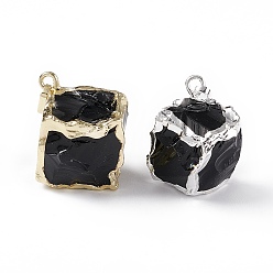 Platino & Oro Colgantes naturales de obsidiana, con colgantes de latón chapado en cremallera, cubo encantos, platino y oro, 25~30x20~25x14~19 mm, agujero: 3.5x5 mm