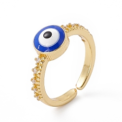 Blue Evil Eye Enamel & Clear Cubic Zirconia Open Cuff Ring, Real 18K Gold Plated Brass Lucky Jewelry for Women, Lead Free & Cadmium Free, Blue, US Size 5(15.7mm)