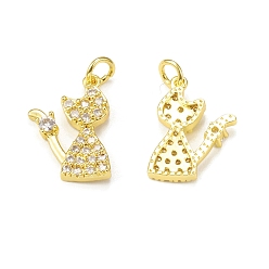 Golden Brass Micro Pave Cubic Zirconia Pendants, with Jump Ring, Cat Charm, Golden, 17.5x12x2.5mm, Hole: 3mm