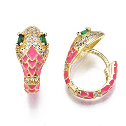 Deep Pink Green Cubic Zirconia Snake Huggie Hoop Earring, Real 18K Gold Plated Brass Enamel Chunky Hoop Earrings for Women, Nickel Free, Deep Pink, 20x18.5x10mm, Pin: 1.5mm