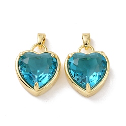 Cyan Glass Pendants, with Golden Plated Brass Findings, Cadmium Free & Lead Free, Heart, Cyan, 18x14.5x8mm, Hole: 4x6mm