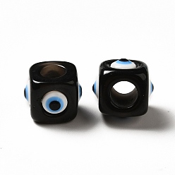 Noir Mauvais œil en résine perles européennes, perle avec trou grande, cube, noir, 12.5x14~14.5x14~14.5mm, Trou: 6mm