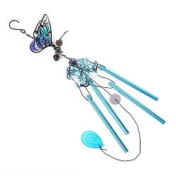 Dark Turquoise Butterfly Wind Chime, Glass & Iron Art Pendant Decoration, with Tube, Dark Turquoise, 700x100mm