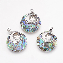 Paua Shell Natural Paua Shell Pendants, with Platinum Tone Brass Findings, Flat Round with Moon and Star, 32x28x7mm, Hole: 4x5mm