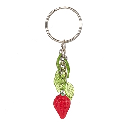 Rouge Porte-clés pendentif fraise en résine, avec breloque feuille en acrylique et anneau porte-clés en fer, rouge, 7.5 cm