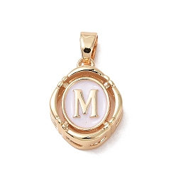 Letter M 304 Stainless Steel Enamel Pendants, Oval with Letter, Golden, White, Letter.M, 15.5x11.5x4mm, Hole: 4.5x2.5mm