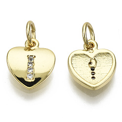 Letter I Brass Micro Pave Clear Cubic Zirconia Charms, with Jump Ring, Heart with Letter, Real 16K Gold Plated, Nickel Free, Letter.I, 10x9x2mm, Jump Ring: 5x1mm, 3mm inner diameter