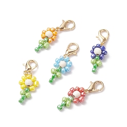 Mixed Color Glass Seed Beaded Flower Pendant Decorations, Clip-on Charms, with Zinc Alloy Lobster Claw Clasps and Dyed Synthetic Turquoise Beads and Nylon Wire, Mixed Color, 30mm