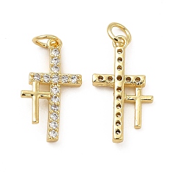 Golden Brass Micro Pave Cubic Zirconia Pendants, with Jump Ring, Religion Cross Charm, Golden, 20.5x11.5x3mm, Hole: 3.3mm