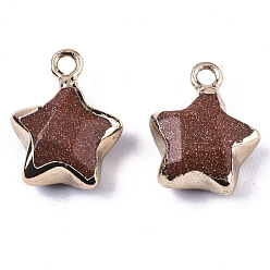 Goldstone Synthetic Goldstone Pendants, with Light Gold Plated Edge and Brass Loop, Star, Faceted, 16~17x13x6.5mm, Hole: 1.6mm
