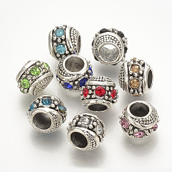 Mixed Color Alloy Rhinestone European Beads, Large Hole Beads, Rondelle, Antique Silver, Mixed Color, 12x11x9mm, Hole: 5mm