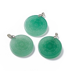 Green Aventurine Natural Green Aventurine Pendants, Flat Round Charms with Chakra Theme Pattern, with Rack Plating Platinum Tone Brass Findings, Cadmium Free & Lead Free, 30x4~8mm, Hole: 4x4mm