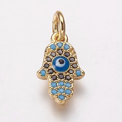 Golden Brass Cubic Zirconia Charms, with Enamel, Hamsa Hand/Hand of Fatima/Hand of Miriam with Evil Eye, Golden, 12x7.5x3mm, Hole: 3mm