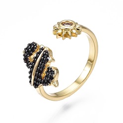 Real 18K Gold Plated Black Cubic Zirconia Cactus and Sun Open Cuff Ring for Women, Nickel Free, Real 18K Gold Plated, US Size 7 1/4(17.5mm)