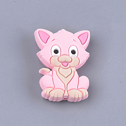 Pink Food Grade Eco-Friendly Silicone Focal Beads, Kitten, Chewing Beads For Teethers, DIY Nursing Necklaces Making, Cat, Pink, 29.5x22x8mm, Hole: 2mm