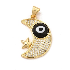 Black Rack Plating Brass Micro Pave Clear Cubic Zirconia Pendants, with Handmade Evil Eye Lampwork, Cadmium Free & Lead Free, Long-Lasting Real 18K Gold Plated, Moon with Star Charm, Black, 25x16.5x4mm, Hole: 5x3.5mm