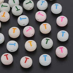 Letter T Acrylic Beads, Glow in the Dark, with Enamel and Luminous, Horizontal Hole, Flat Round with Alphabet, Letter.T, 6.5x7x4mm, Hole: 1.6mm, about 3600pcs/500g