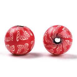 Roja Abalorios de la arcilla de polímero hechos a mano, redondo con estampado de flores, rojo, 10 mm, agujero: 1.5~2 mm