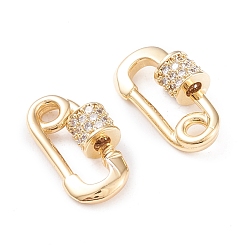 Real 18K Gold Plated Brass Micro Pave Clear Cubic Zirconia Screw Carabiner Lock Charms, for Necklaces Making, Long-Lasting Plated, Safety Pin Shape, Real 18K Gold Plated, 17x10x5mm, Screw: 5x5mm