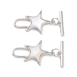 Platinum Natural White Shell Toggle Clasps, with Brass Findings, Star, Platinum, Bar: 15.5x4x2mm, Hole: 1mm, Star: 23.5x15x3mm, Hole: 8.5x3.5mm and 1.4mm