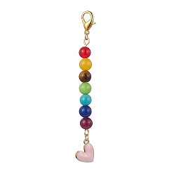 Pink Alloy Enamel Heart Pendant Decorations, with Chakra Natural Gemstone Round Bead and Alloy Lobster Claw Clasps, Pink, 100mm