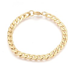 Golden Ion Plating(IP) 304 Stainless Steel Curb Chain Bracelets, with Lobster Claw Clasps, Textured, Golden, 8-1/4 inch(21cm), 7mm