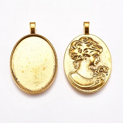 Antique Golden Tibetan Style Alloy Pendant Cabochon Settings, Oval with Woman Portrait on the Reverse Side, Cadmium Free & Nickel Free & Lead Free, Antique Golden, Tray: 40x29mm, 51x32x6mm, Hole: 6x3mm