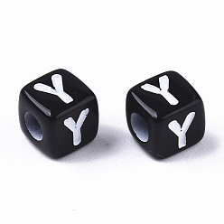 Letter Y Opaque Acrylic Beads, Horizontal Hole, Alphabet Style, Cube, Black & White, Letter.Y, 5x5x5mm, Hole: 2mm, about 5000pcs/500g