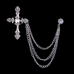 Platinum Religion Cross Hanging Chain Brooch with Rhinestone, Alloy Pin for Men's Suit Shirt Collar, Platinum, 33~48mm