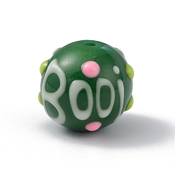 Green Opaque Painted Glass Beads, Round with Handmade Enamel Smearing BOOi, Green, 13.5x13mm, Hole: 1.4mm