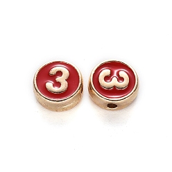Red Alloy Enamel Beads, Flat Round, Number, Cadmium Free & Lead Free, Light Gold, Red, 8x3.5mm, Hole: 1.5mm