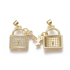 Real 18K Gold Plated Brass Micro Pave Cubic Zirconia Pendants, Lock with Heart Key, Clear, Real 18K Gold Plated, Lock: 19.5x15x3mm, Key: 11x5x1.5mm, Hole: 3x5mm