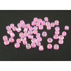 Pink 12/0 Glass Seed Beads, Trans.Inside Colours Rainbow Round, Pink, 2mm, about 30000pcs/pound