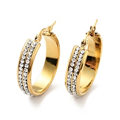 Golden Crystal Rhinestone Hoop Earrings, Vacuum Plating 201 Stainless Steel Earrings with 304 Stainless Steel Pins for Women, Golden, 26x6mm, Pin: 0.6mm
