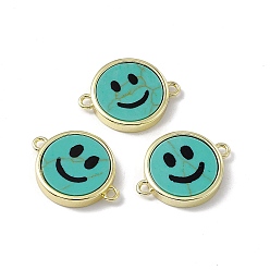 Synthetic Turquoise Synthetic Turquoise Connector Charms, Flat Round with Smiling Face Links, with Rack Plating Golden Tone Brass Findings, Cadmium Free & Lead Free, 15.5x20x3mm, Hole: 1.6mm