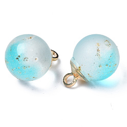 Sky Blue Two Tone Transparent Spray Painted Glass Pendants, with Light Gold Plated Brass Loop, Frosted, with Glitter Powder, Round, Sky Blue, 14x10mm, Hole: 2mm