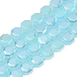 Sky Blue Electroplate Glass Beads Strands, Imitation Jade Beads, AB Color Plated, Faceted, Octagon, Sky Blue, 7~8x7~8x4mm, Hole: 1.2mm, about 72pcs/strand, 20.47 inch(52cm)