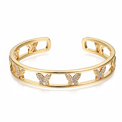 Real 16K Gold Plated Brass Micro Pave Clear Cubic Zirconia Cuff Bangles, Nickel Free, Butterfly, Real 16K Gold Plated, Inner Diameter: 2-1/4 inch(5.6cm)