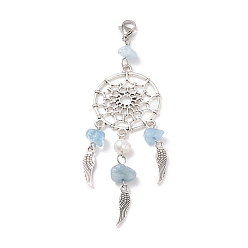 Aquamarine Natural Aquamarine Chip Pendant Decoration, Alloy Woven Net/Web with Wing Hanging Ornament, with Natural Cultured Freshwater Pearl, 304 Stainless Steel Lobster Claw Clasps
, 98~100mm