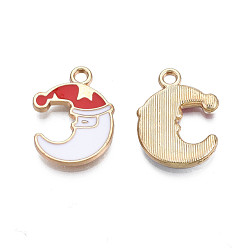 Red Rack Plating Alloy Enamel Pendants, Cadmium Free & Nickel Free & Lead Free, Light Gold, Moon with Christmas Hat, Red, 19.5x15x2mm, Hole: 1.8mm