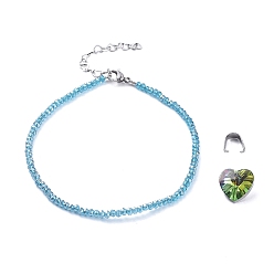 Cadet Blue Electroplate Glass Beads Anklets, with 304 Stainless Steel Heart Link Chains & Lobster Claw Clasps & Snap on Bails, Heart Glass Pendants, Cadet Blue, 8-7/8 inch(22.5cm)