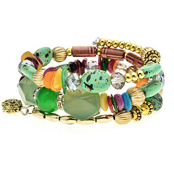 Vert Bracelet style wrap à trois boucles en perles d'alliage et de résine, bracelet style bohème pour femme, verte, 7-1/8 pouce (18 cm)