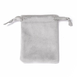 Silver Velvet Jewelry Drawstring Bags, with Satin Ribbon, Rectangle, Silver, 10x8x0.3cm