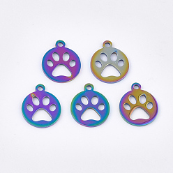 Rainbow Color Ion Plating(IP) 304 Stainless Steel Pet Charms, Flat Round with Dog Claw, Rainbow Color, 14x12x1mm, Hole: 1.5mm