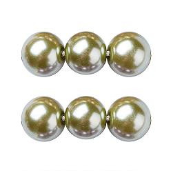 Dark Khaki Eco-Friendly Glass Pearl Beads Strands, Grade A, Round, Dyed, Cotton Cord Threaded, Dark Khaki, 14mm, Hole: 1.2~1.5mm, about 30pcs/strand, 15.7 inch