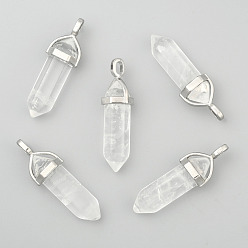 Cristal de Quartz Pendentifs pointus à double extrémité en cristal de quartz naturel, cristal de roche, avec pendentif en alliage aléatoire, balle, platine, 37~40x12mm, Trou: 3mm