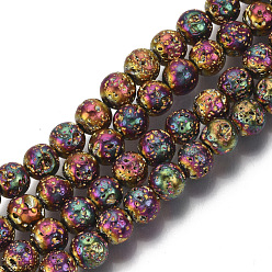 Goldenrod Electroplated Natural Lava Rock Beads Strands, Round, Bumpy, Goldenrod, 6.5mm, Hole: 1mm, about 60pcs/Strand, 14.96 inch(38cm)