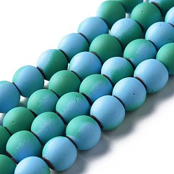 Sea Green Spray Painted Non-magnetic Synthetic Hematite Beads Strands, Round, Sea Green, 8x7.5mm, Hole: 1mm, about 53~40pcs/strand, 15.55 inch~15.75 inch(39.5~40cm)