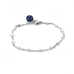Lapis Lazuli 304 Stainless Steel Cross Link Anklets, with Natural Lapis Lazuli Pendants and Lobster Claw Clasps, 8-3/8 inch(21.2cm)